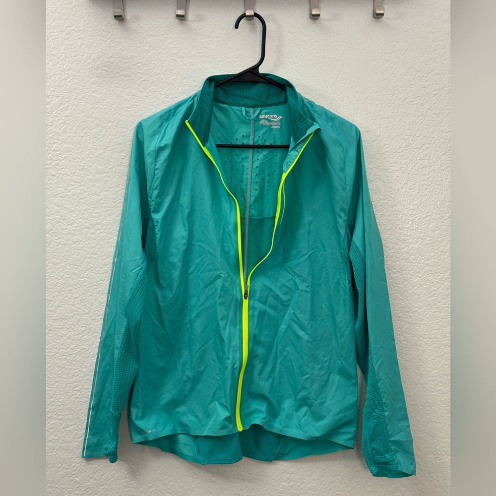 Saucony Windbreaker teal with neon zipper